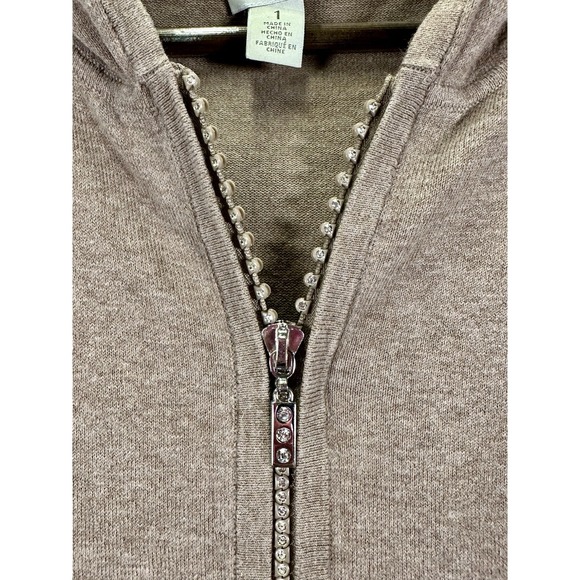 ZENERGY by CHICOS Zip Front Sweater  Size 1  with Rhinestone & Pearl Tan Size 1 - Picture 3 of 6